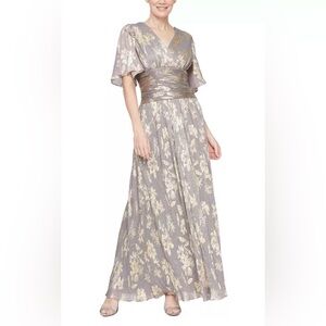 SLNY Fashions Mauve Gold Foil Floral A-Line Gown Faux Wrap Flutter Sleeve Dress